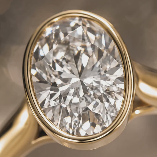 MISSISSI Oval brilliant Full bezel with open gallery ring advertisement. AI-generated design concept with champagne packaging.