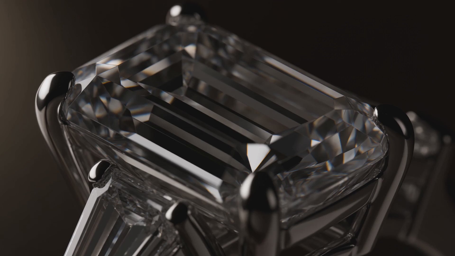 MISSISSI Emerald cut Prong-set center with two tapered baguette side stones ring advertisement. AI-generated design concept with champagne packaging.