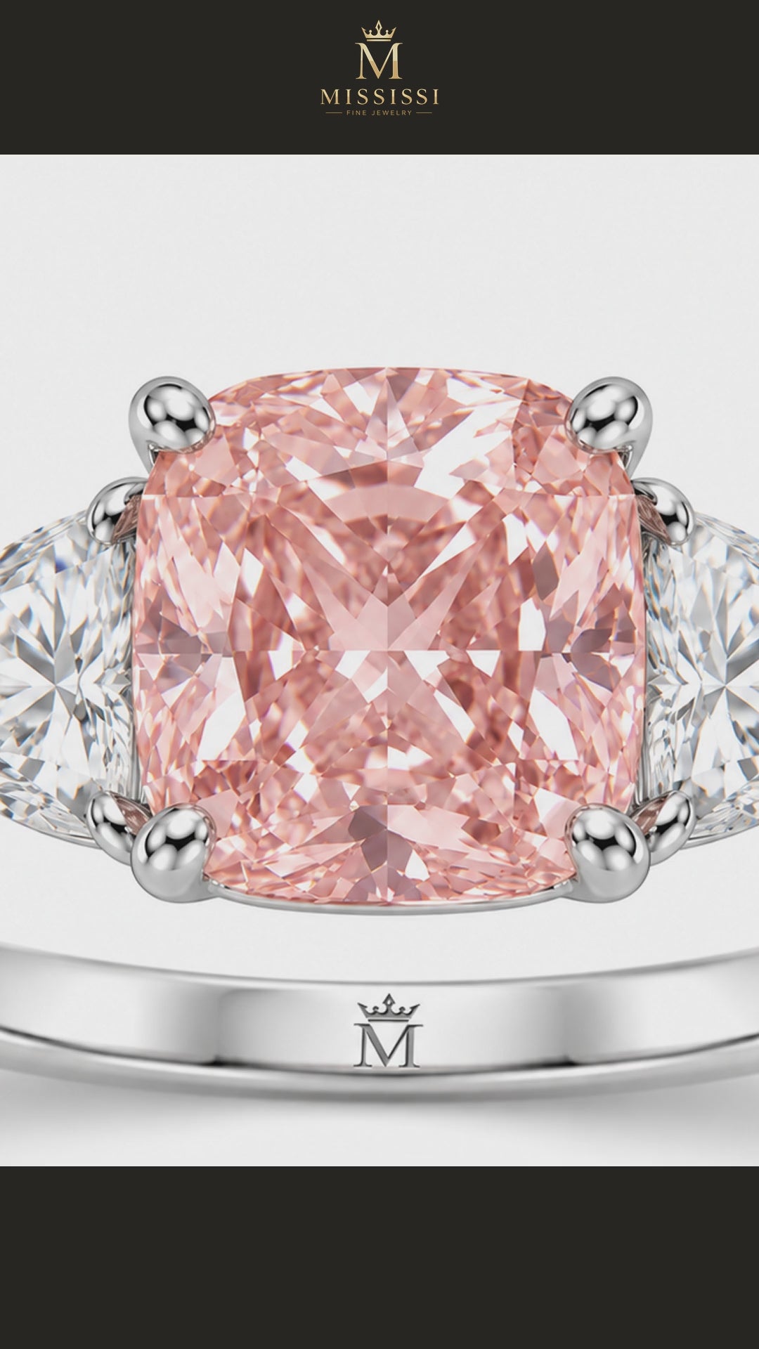 MISSISSI R087-ROSEHAVEN-CUSHION-THREE-STONE-PINK — 12-second design film, English narration and captions — overnight-128-20261014
