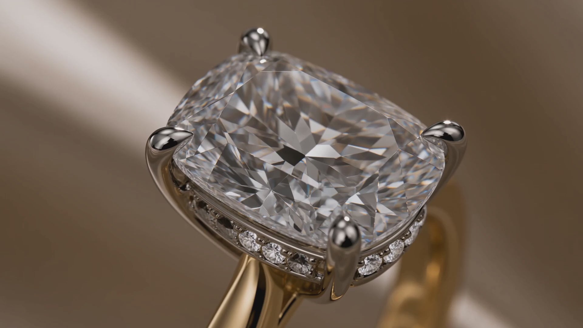 MISSISSI Elongated cushion brilliant Four-prong hidden halo ring advertisement. AI-generated design concept with champagne packaging.