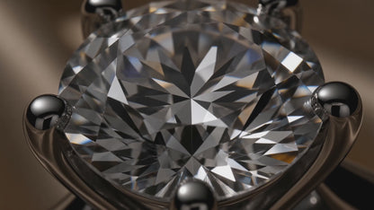 MISSISSI Round brilliant Six-prong tulip solitaire ring advertisement. AI-generated design concept with champagne packaging.