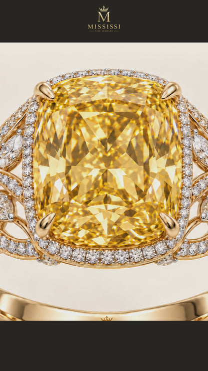 MISSISSI R066-GOLDEN-LATTICE-9-CT-YELLOW-CUSHION-CUT — 12-second design film, English narration and captions — overnight-128-20261014