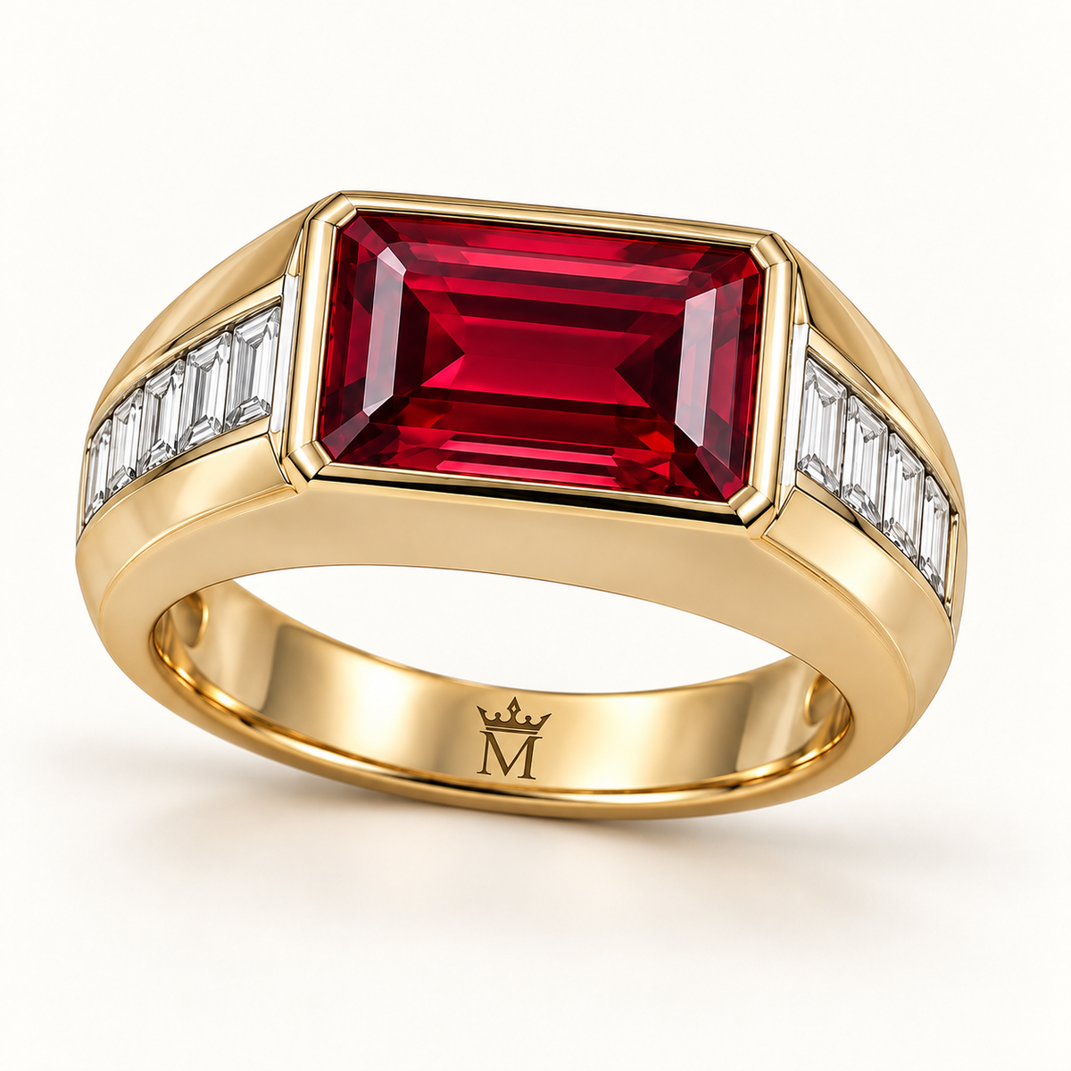 MISSISSI RB21 ARC STEP emerald-cut lab-grown ruby signet ring, inner engraving; design visualization.
