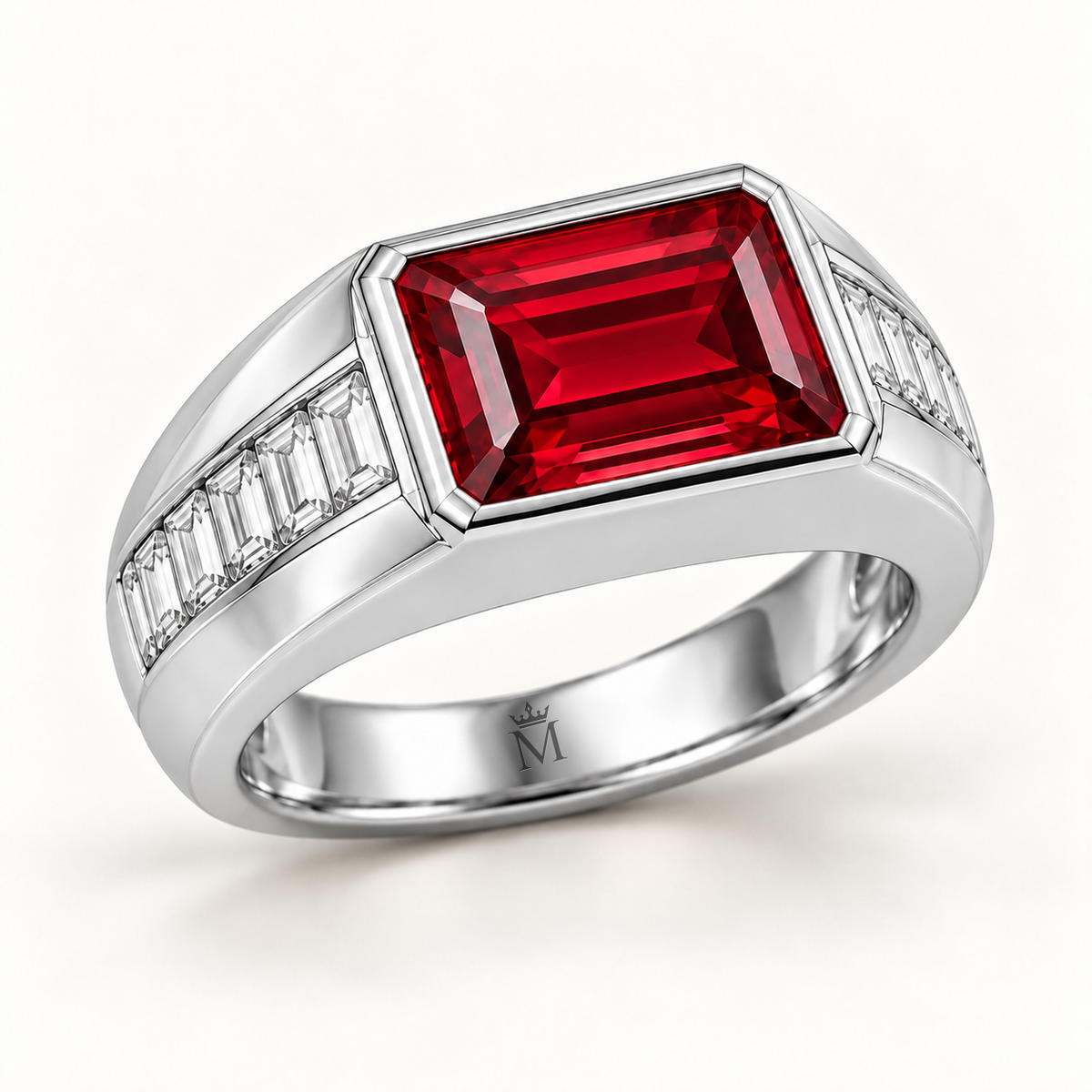 MISSISSI RB21 ARC STEP white metal ring showing emerald-cut lab-grown ruby and baguette diamond shoulder channels from an angled view; design visualization.