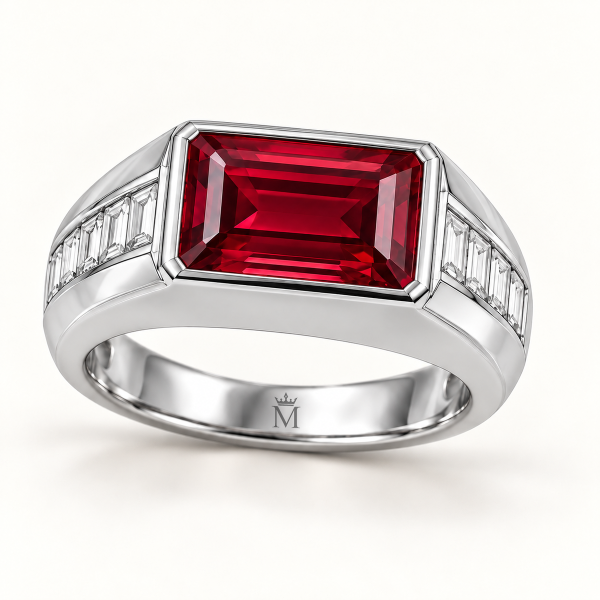MISSISSI RB21 ARC STEP emerald-cut lab-grown ruby signet ring, white metal hero; design visualization.