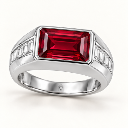 MISSISSI RB21 ARC STEP emerald-cut lab-grown ruby signet ring, white metal hero; design visualization.