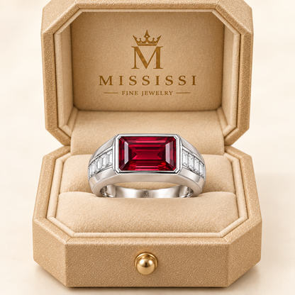 MISSISSI RB21 ARC STEP emerald-cut lab-grown ruby signet ring, white metal packaging; design visualization.