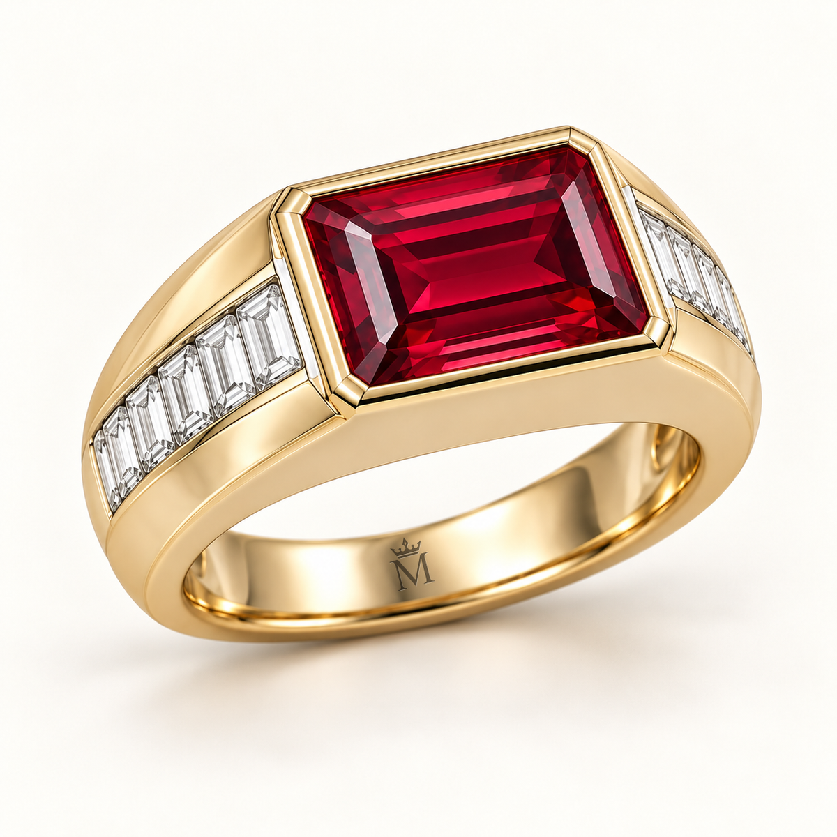 MISSISSI RB21 ARC STEP emerald-cut lab-grown ruby signet ring, yellow gold angle; design visualization.