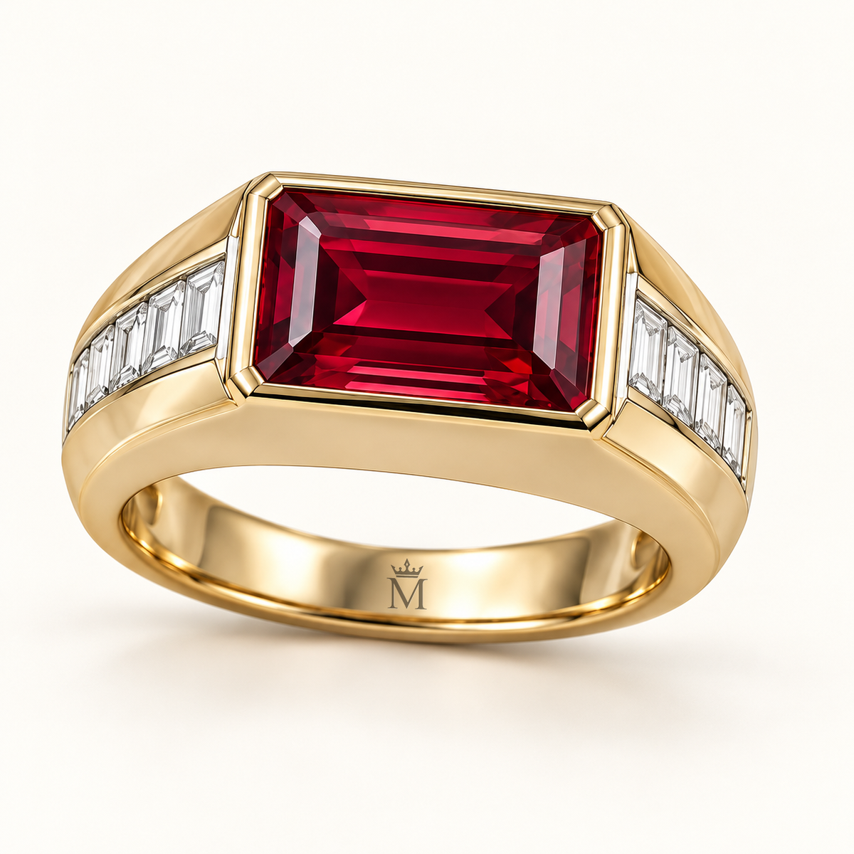 MISSISSI RB21 ARC STEP yellow gold ring with east-west emerald-cut lab-grown ruby and baguette lab-grown diamond shoulder channels; design visualization.