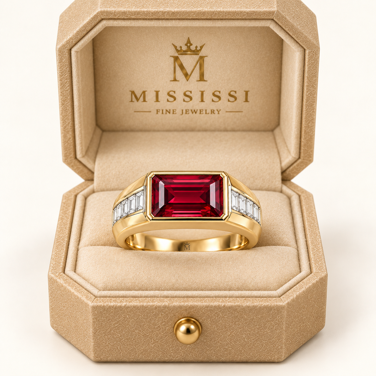 MISSISSI RB21 ARC STEP ruby and diamond ring in yellow gold displayed in official champagne octagonal packaging; design visualization.