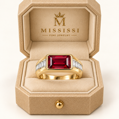 MISSISSI RB21 ARC STEP ruby and diamond ring in yellow gold displayed in official champagne octagonal packaging; design visualization.