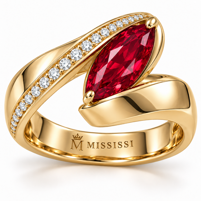 MISSISSI RB25 RIBBON FOLD marquise lab-grown ruby ring, inner engraving; design visualization.