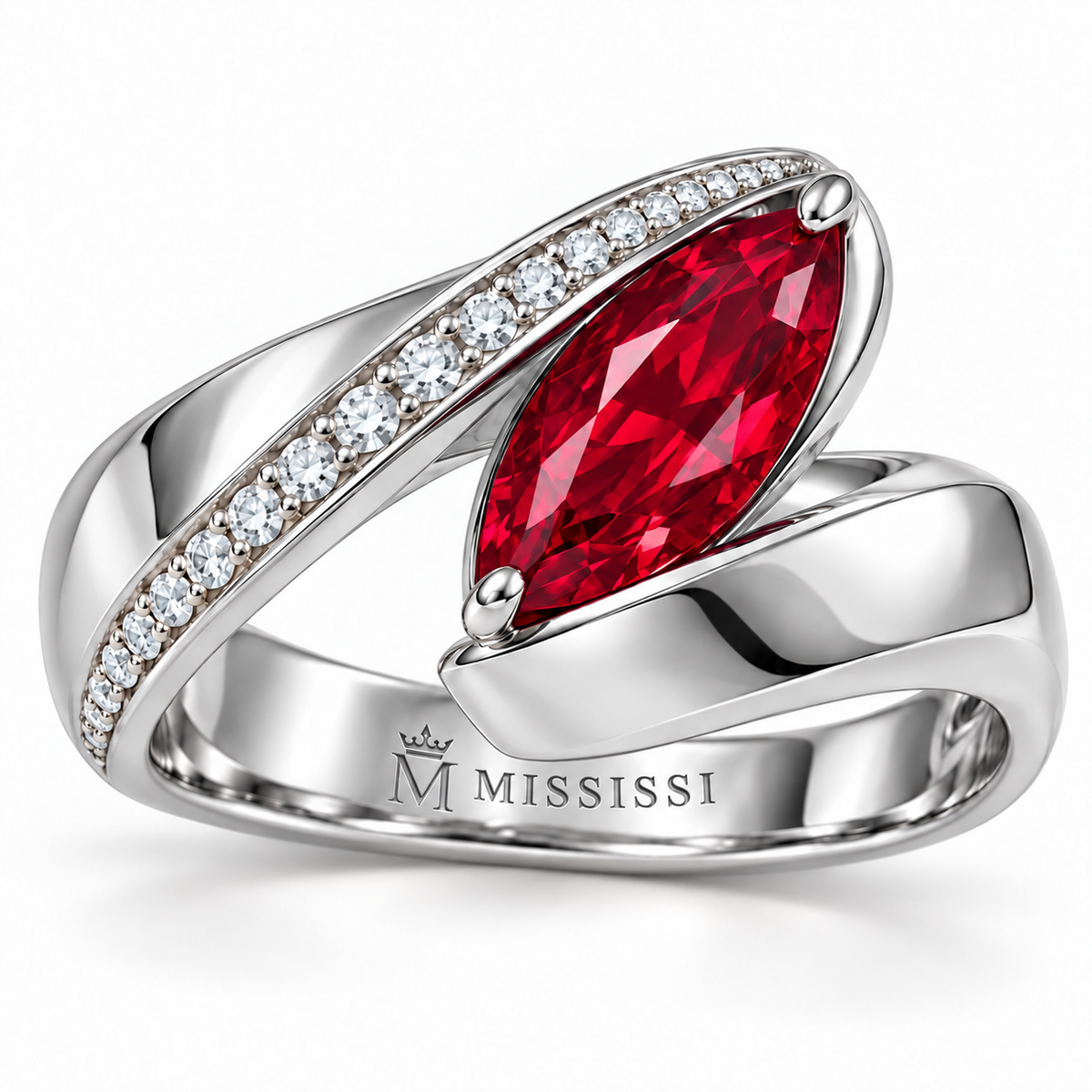 MISSISSI RB25 RIBBON FOLD white metal ring with diagonal marquise lab-grown ruby and one lab-grown diamond ribbon edge; design visualization.