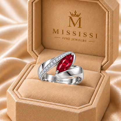 MISSISSI RB25 lab-grown ruby jewelry, white metal packaging; design visualization.