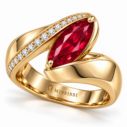 MISSISSI RB25 RIBBON FOLD marquise lab-grown ruby ring, yellow gold angle; design visualization.