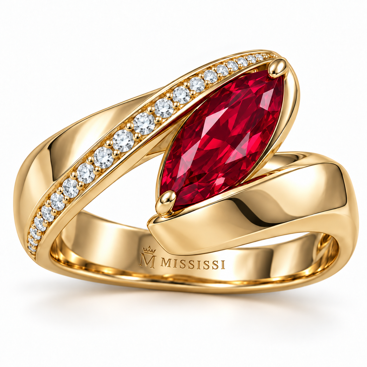 MISSISSI RB25 RIBBON FOLD yellow gold ring with diagonal marquise lab-grown ruby and one lab-grown diamond-traced ribbon edge; design visualization.