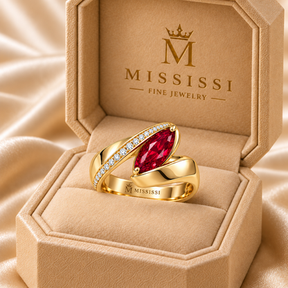 MISSISSI RB25 RIBBON FOLD marquise lab-grown ruby ring, yellow gold packaging; design visualization.