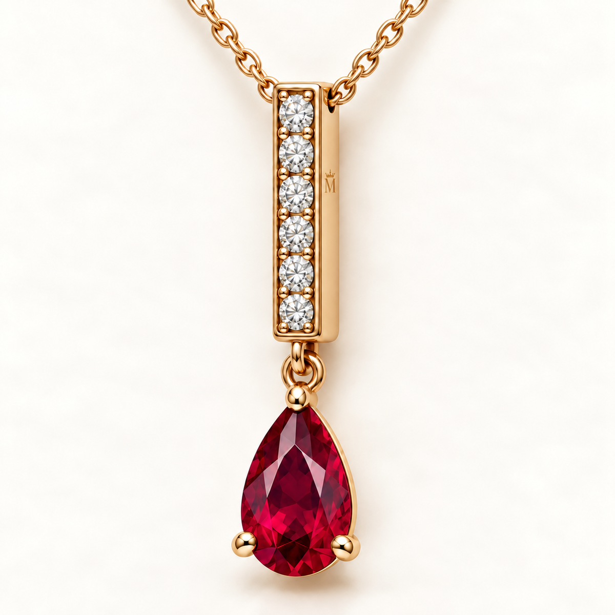 MISSISSI RB28 RUBY LINE necklace showing tiny official crown-M engraving on the baton side edge, with point-up pear lab-grown ruby; design visualization.