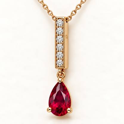 MISSISSI RB28 RUBY LINE necklace showing tiny official crown-M engraving on the baton side edge, with point-up pear lab-grown ruby; design visualization.