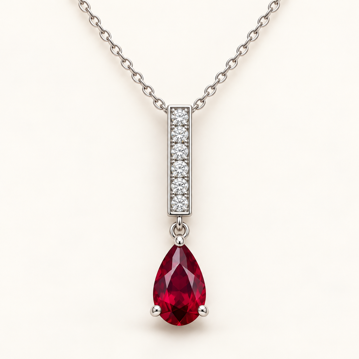 MISSISSI RB28 RUBY LINE white metal hero necklace with point-up pear lab-grown ruby below a lab-grown diamond baton; design visualization.