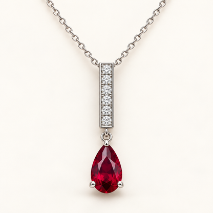 MISSISSI RB28 RUBY LINE white metal hero necklace with point-up pear lab-grown ruby below a lab-grown diamond baton; design visualization.