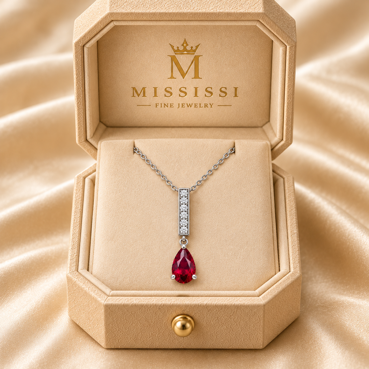 MISSISSI RB28 lab-grown ruby jewelry, white metal packaging; design visualization.