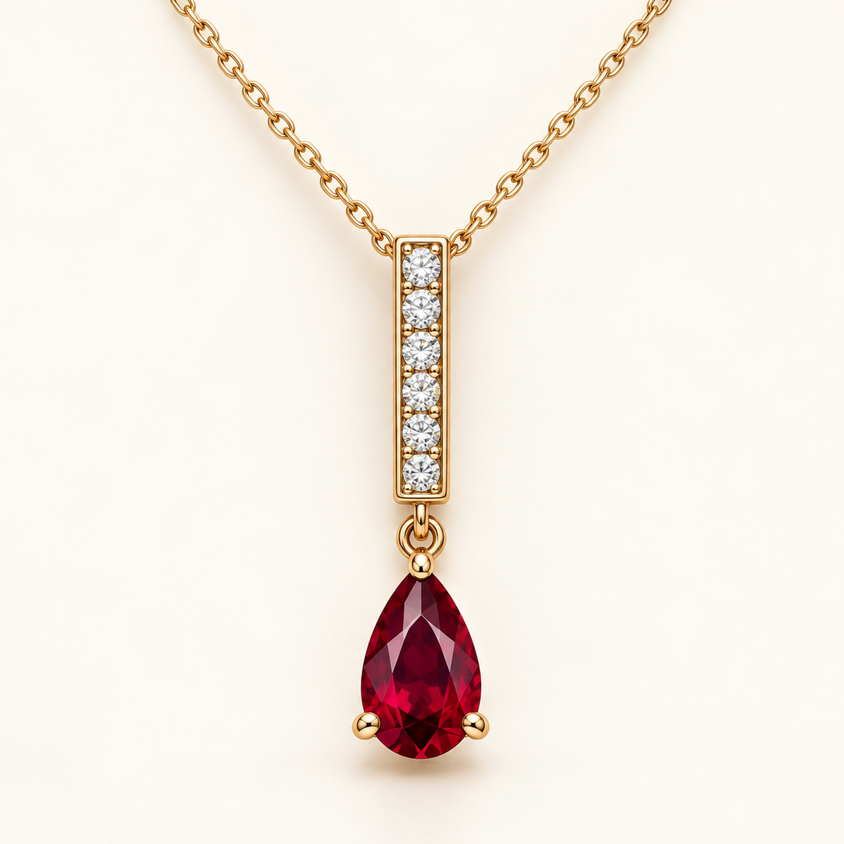 MISSISSI RB28 RUBY LINE yellow gold hero necklace with point-up pear lab-grown ruby below a lab-grown diamond baton; design visualization.