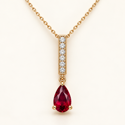MISSISSI RB28 RUBY LINE yellow gold hero necklace with point-up pear lab-grown ruby below a lab-grown diamond baton; design visualization.