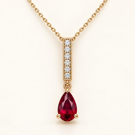 MISSISSI RB28 RUBY LINE yellow gold hero necklace with point-up pear lab-grown ruby below a lab-grown diamond baton; design visualization.
