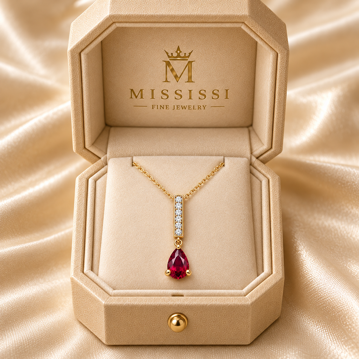 MISSISSI RB28 lab-grown ruby jewelry, yellow gold packaging; design visualization.