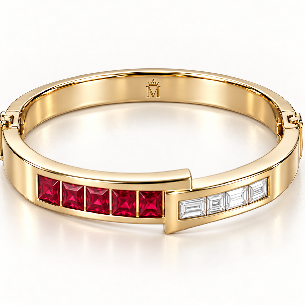 MISSISSI RB33 LINEAR MUSE square lab-grown ruby diamond bangle, crown m engraving; design visualization