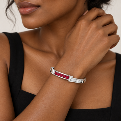 MISSISSI RB33 LINEAR MUSE square lab-grown ruby diamond bangle, model deep skin; design visualization