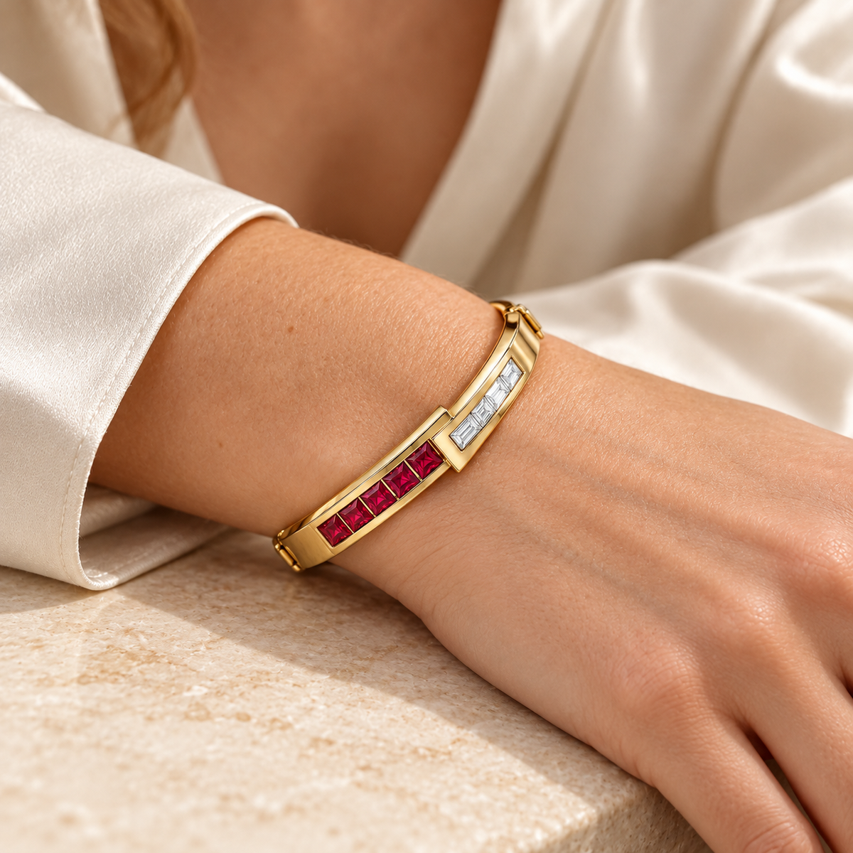 MISSISSI RB33 LINEAR MUSE square lab-grown ruby diamond bangle, model light skin; design visualization