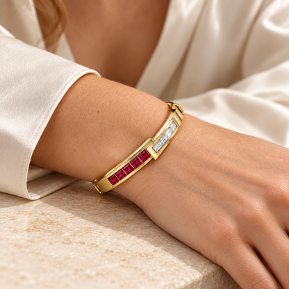 MISSISSI RB33 LINEAR MUSE square lab-grown ruby diamond bangle, model light skin; design visualization