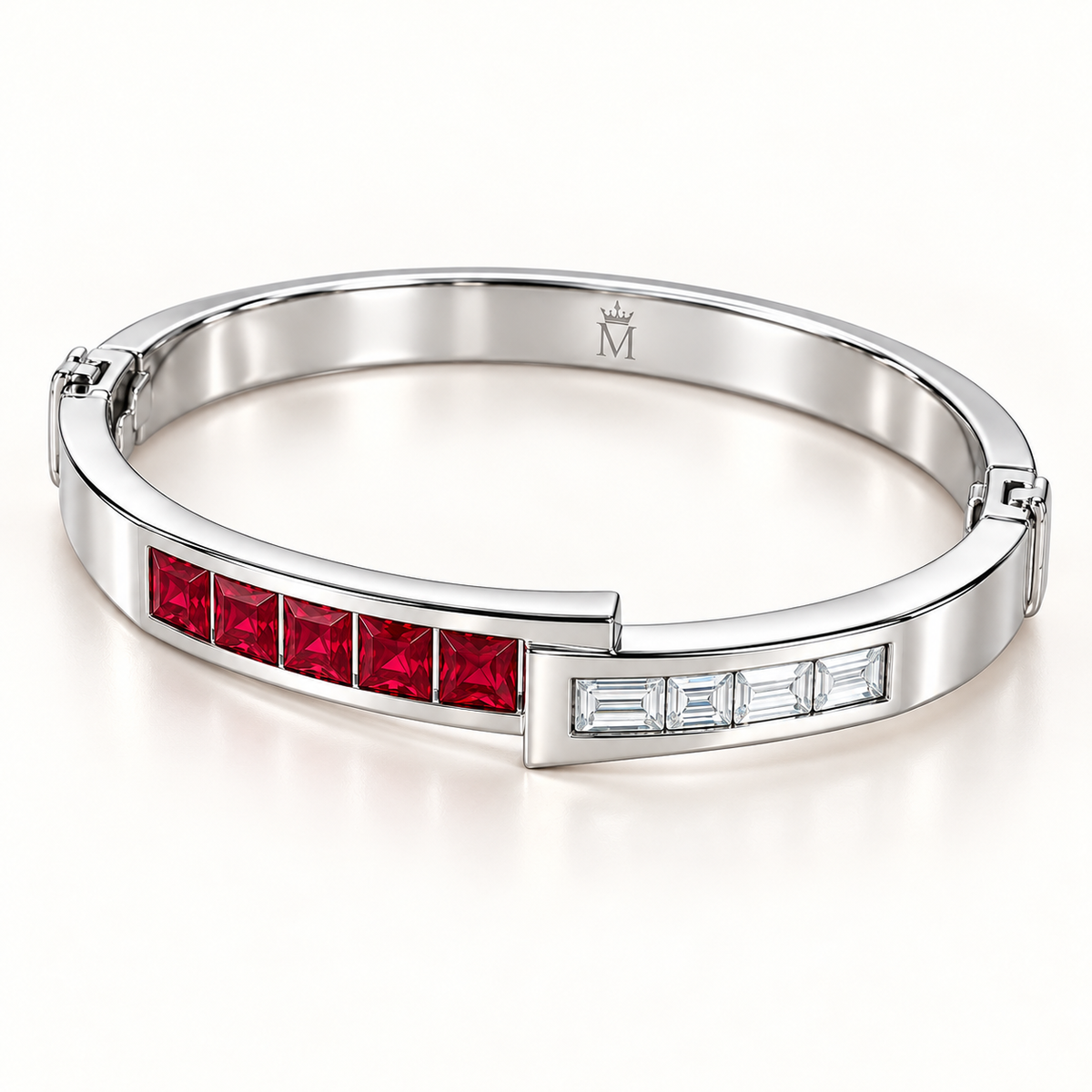 MISSISSI RB33 LINEAR MUSE square lab-grown ruby diamond bangle, white metal angle; design visualization