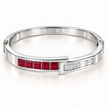 MISSISSI RB33 LINEAR MUSE square lab-grown ruby diamond bangle, white metal hero; design visualization