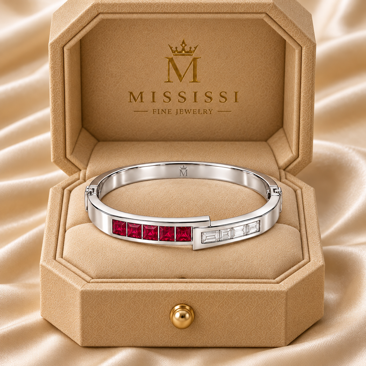 MISSISSI RB33 LINEAR MUSE square lab-grown ruby diamond bangle, white metal official box; design visualization