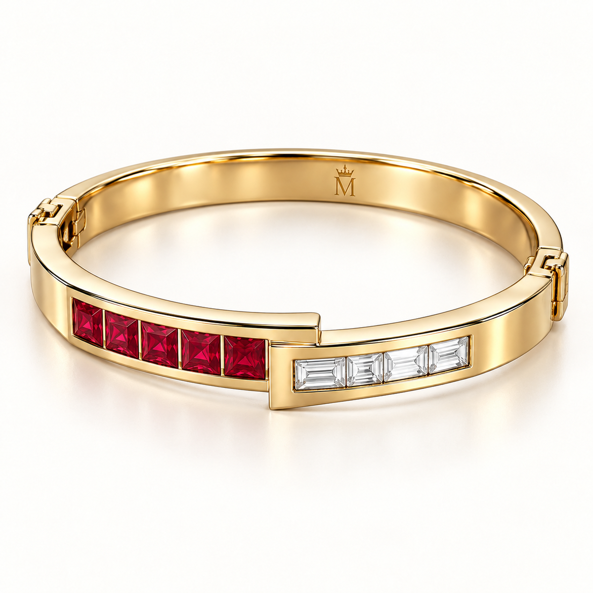 MISSISSI RB33 LINEAR MUSE square lab-grown ruby diamond bangle, yellow gold angle; design visualization