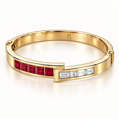 MISSISSI RB33 LINEAR MUSE square lab-grown ruby diamond bangle, yellow gold angle; design visualization