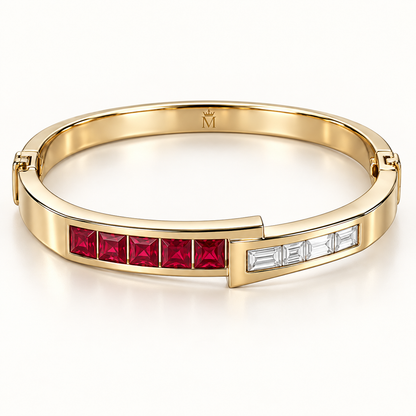 MISSISSI RB33 LINEAR MUSE square lab-grown ruby diamond bangle, yellow gold hero; design visualization