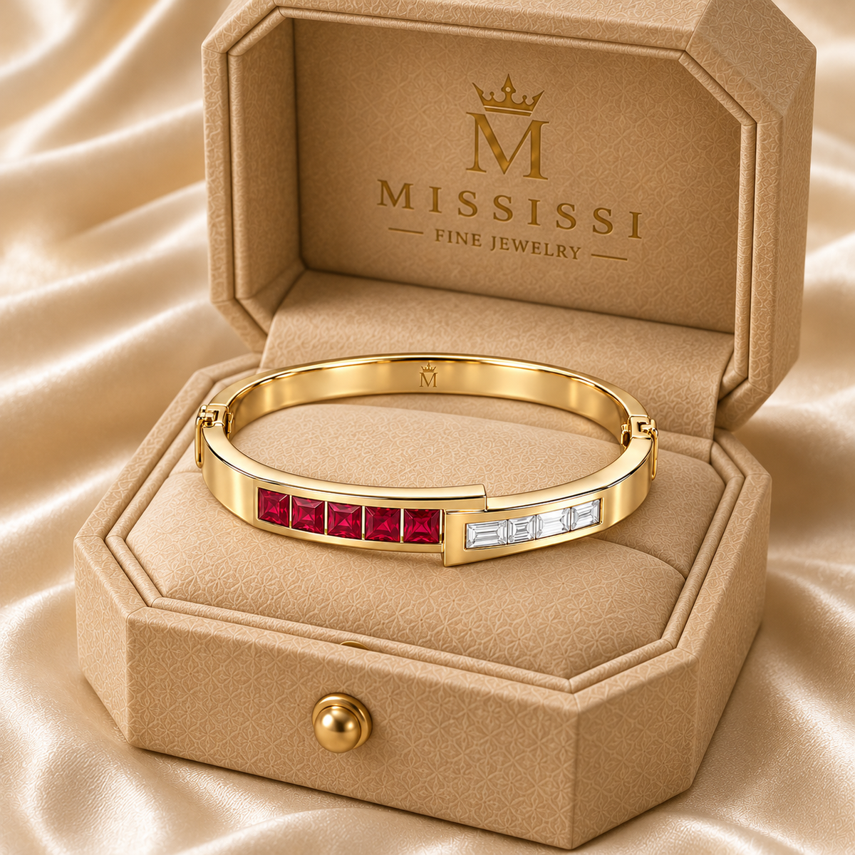 MISSISSI RB33 LINEAR MUSE square lab-grown ruby diamond bangle, yellow gold official box; design visualization
