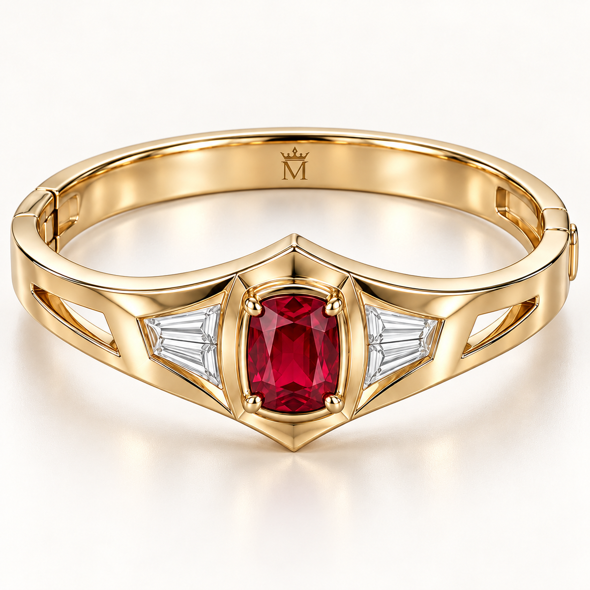 MISSISSI RB35 SCARLET CREST cushion ruby bangle, crown m engraving; design visualization