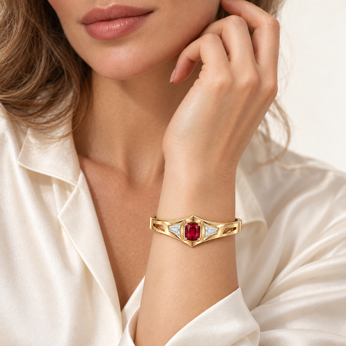 MISSISSI RB35 SCARLET CREST cushion ruby bangle, model light skin; design visualization
