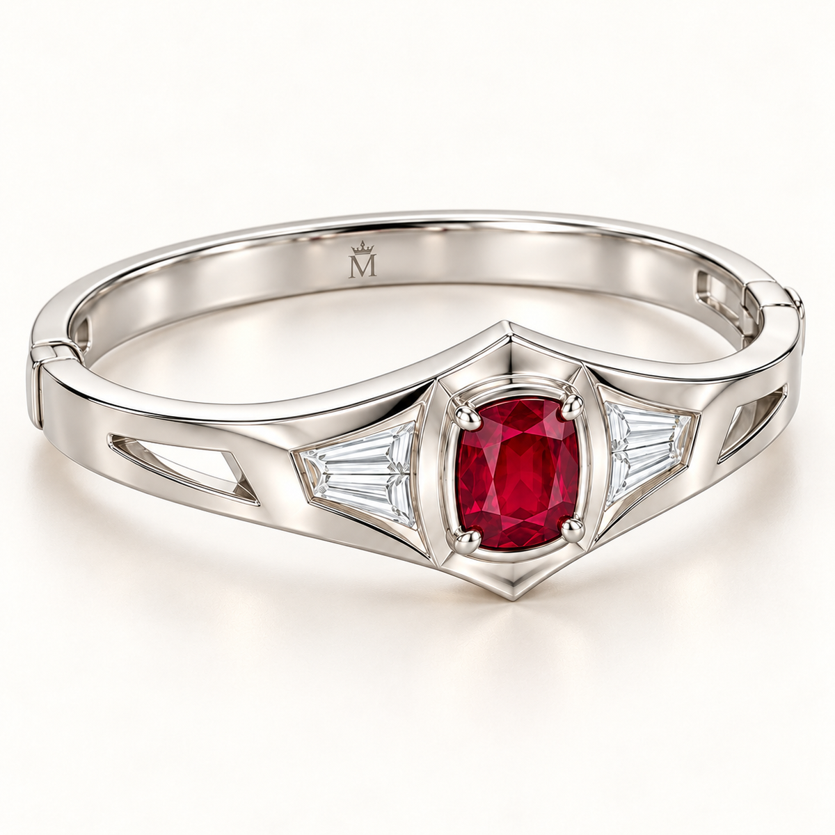 MISSISSI RB35 SCARLET CREST cushion lab-grown ruby diamond bangle, white metal angle; design visualization