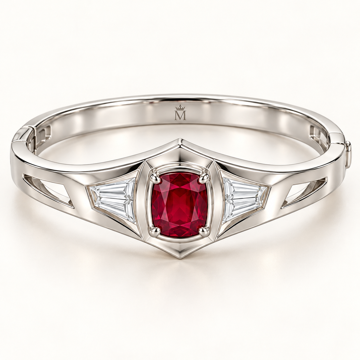 MISSISSI RB35 SCARLET CREST cushion lab-grown ruby diamond bangle, white metal hero; design visualization