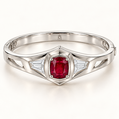 MISSISSI RB35 SCARLET CREST cushion lab-grown ruby diamond bangle, white metal hero; design visualization