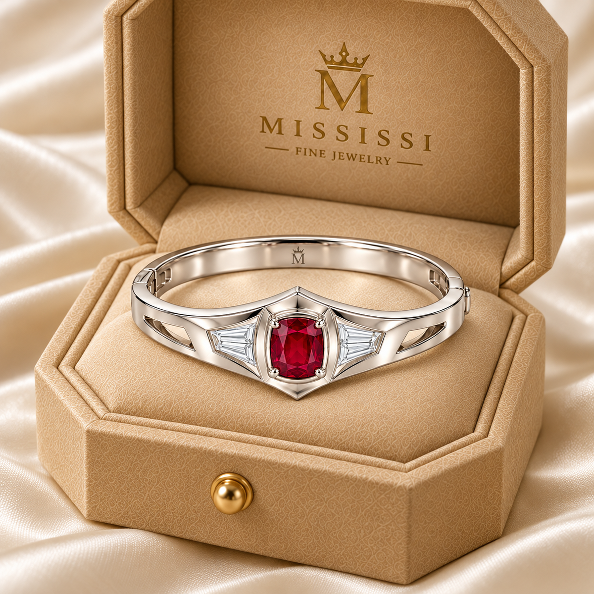 MISSISSI RB35 SCARLET CREST cushion lab-grown ruby diamond bangle, white metal official box; design visualization