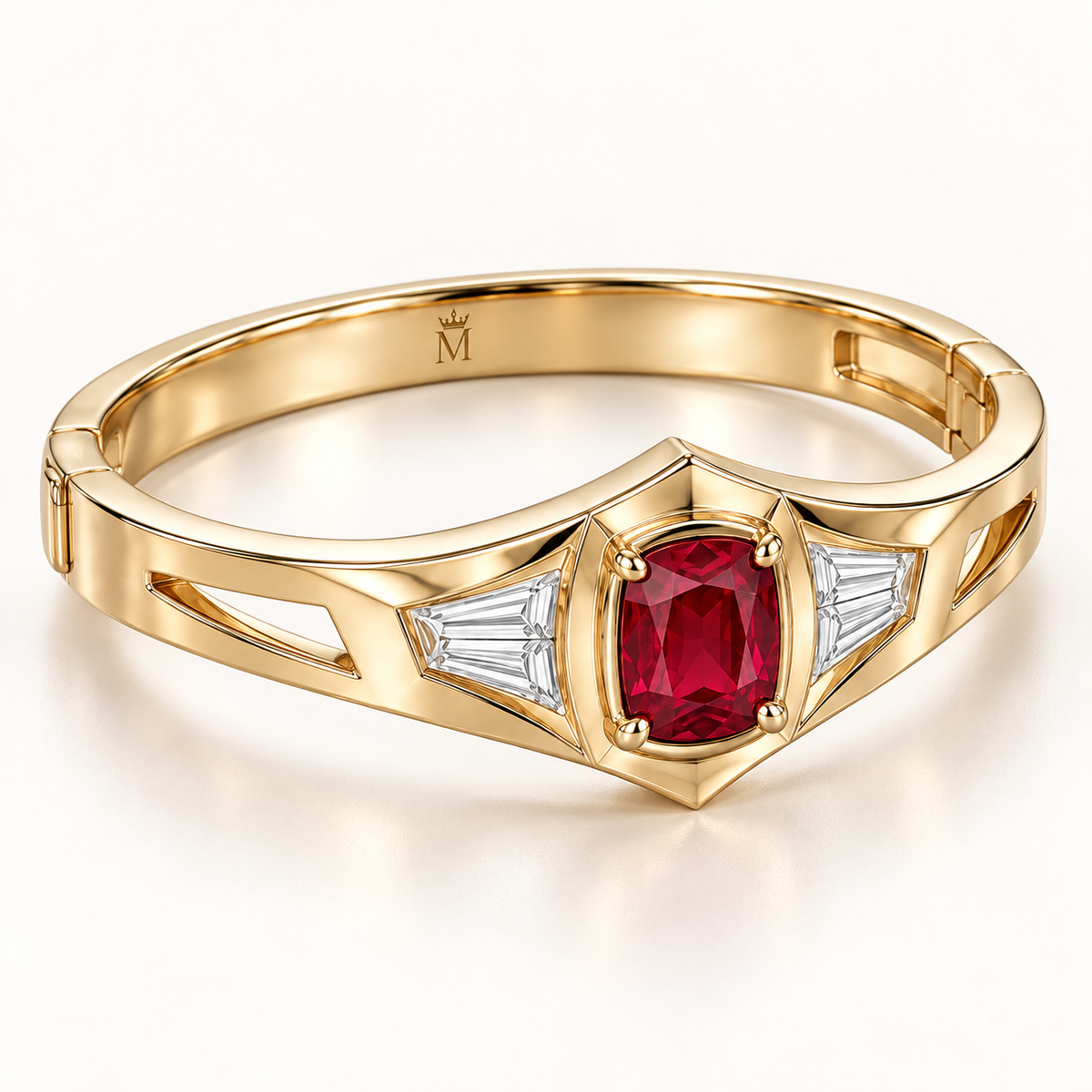 MISSISSI RB35 SCARLET CREST cushion lab-grown ruby diamond bangle, yellow gold angle; design visualization