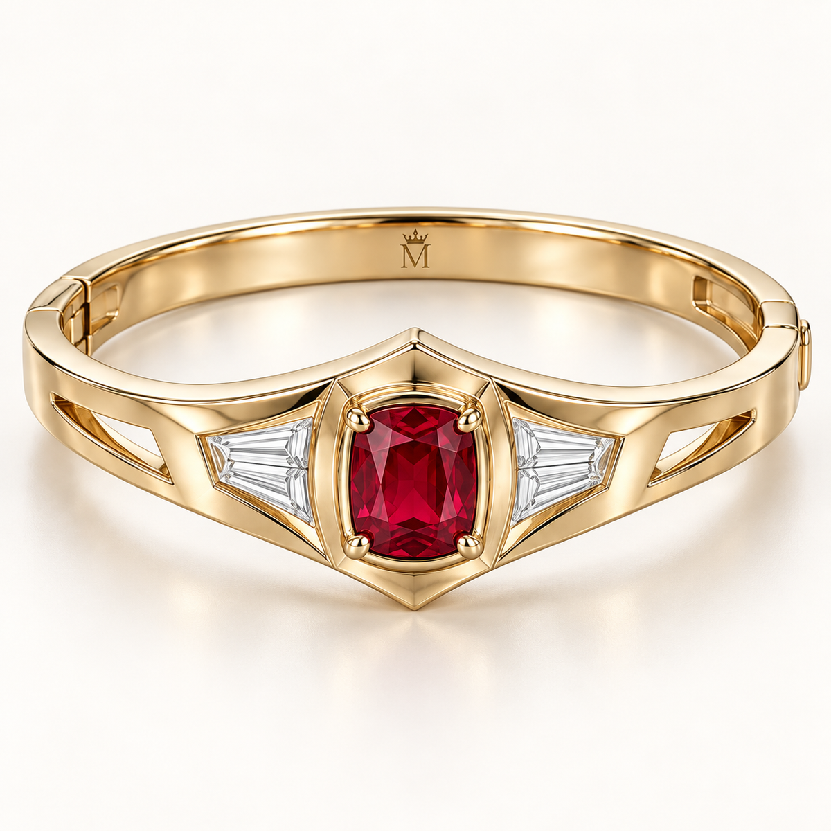 MISSISSI RB35 SCARLET CREST Cushion Lab-Grown Ruby Diamond Bangle, yellow gold hero; design visualization
