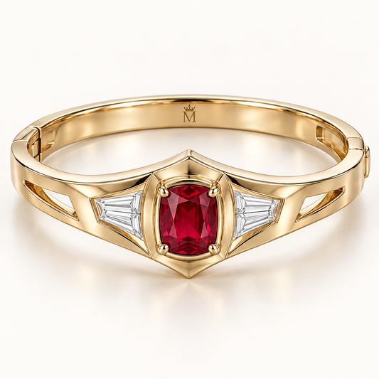 MISSISSI RB35 SCARLET CREST Cushion Lab-Grown Ruby Diamond Bangle, yellow gold hero; design visualization